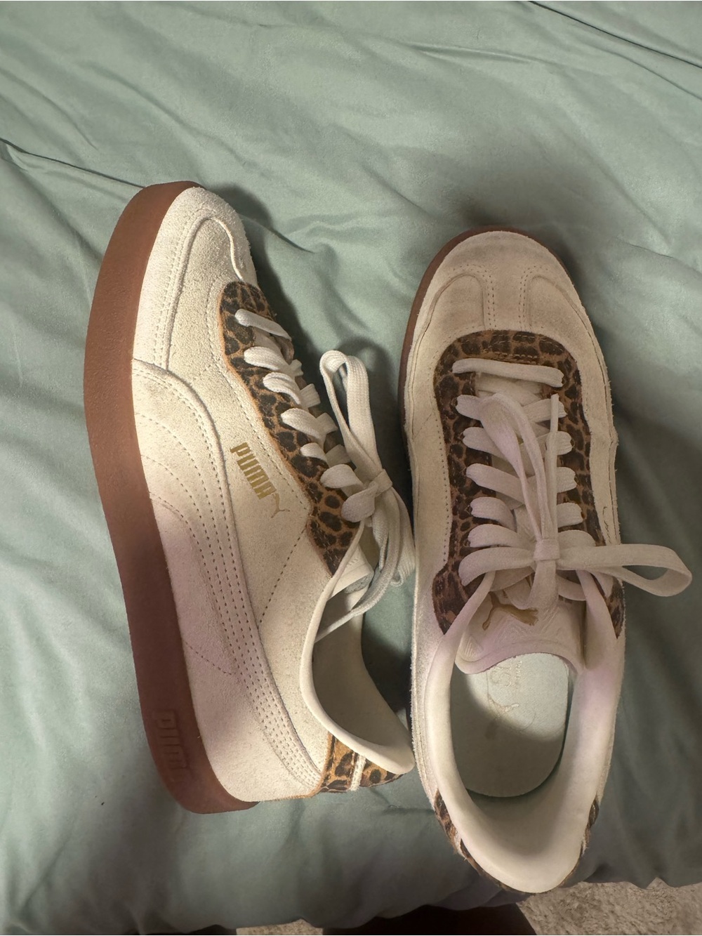 Puma Cream Suede Platform Sneakers with Leopard Trim